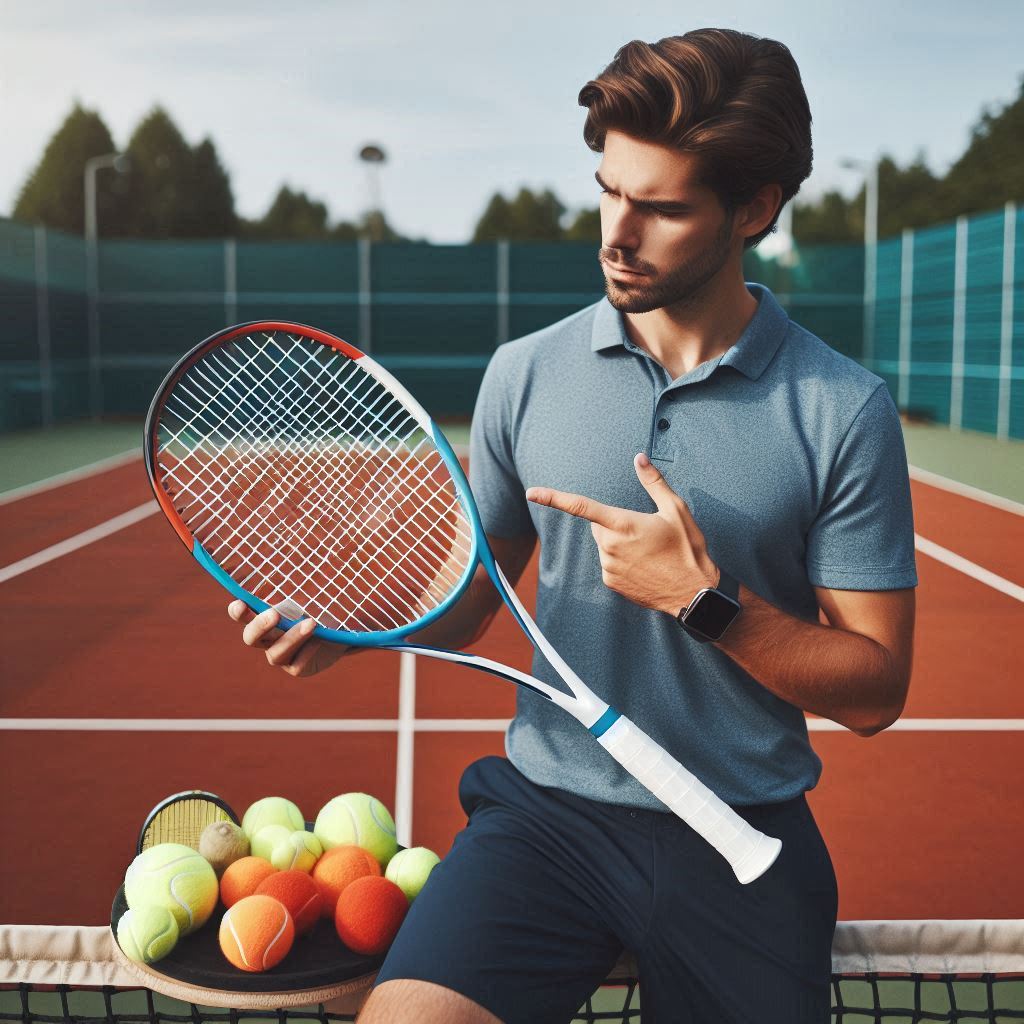A tennis coach explaining how to choose a tennis racket, standing on a tennis court holding a racket and pointing out important features